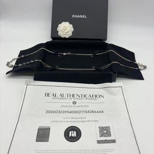 CHANEL Crystal Beaded CC Long Necklace Silver